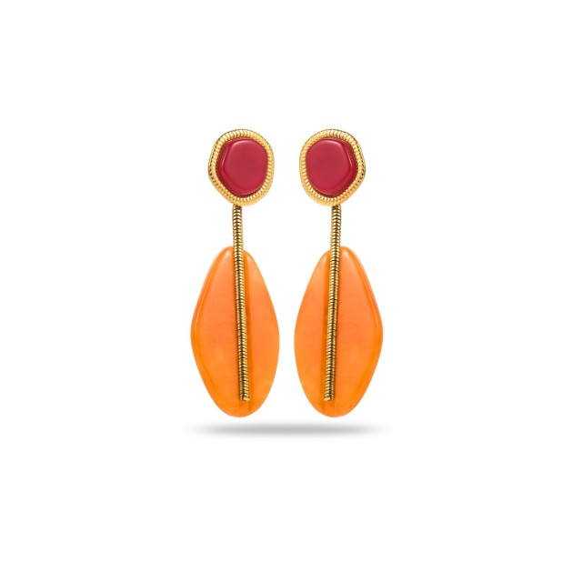 Boucles d'Oreilles Pendantes Ovale Coloré avec Détail Chaine Miroir Couleur:Orange