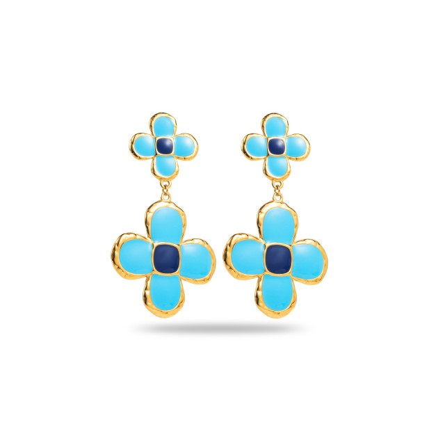 Colorful Double Clover Drop Earrings Color:Cyan Blue