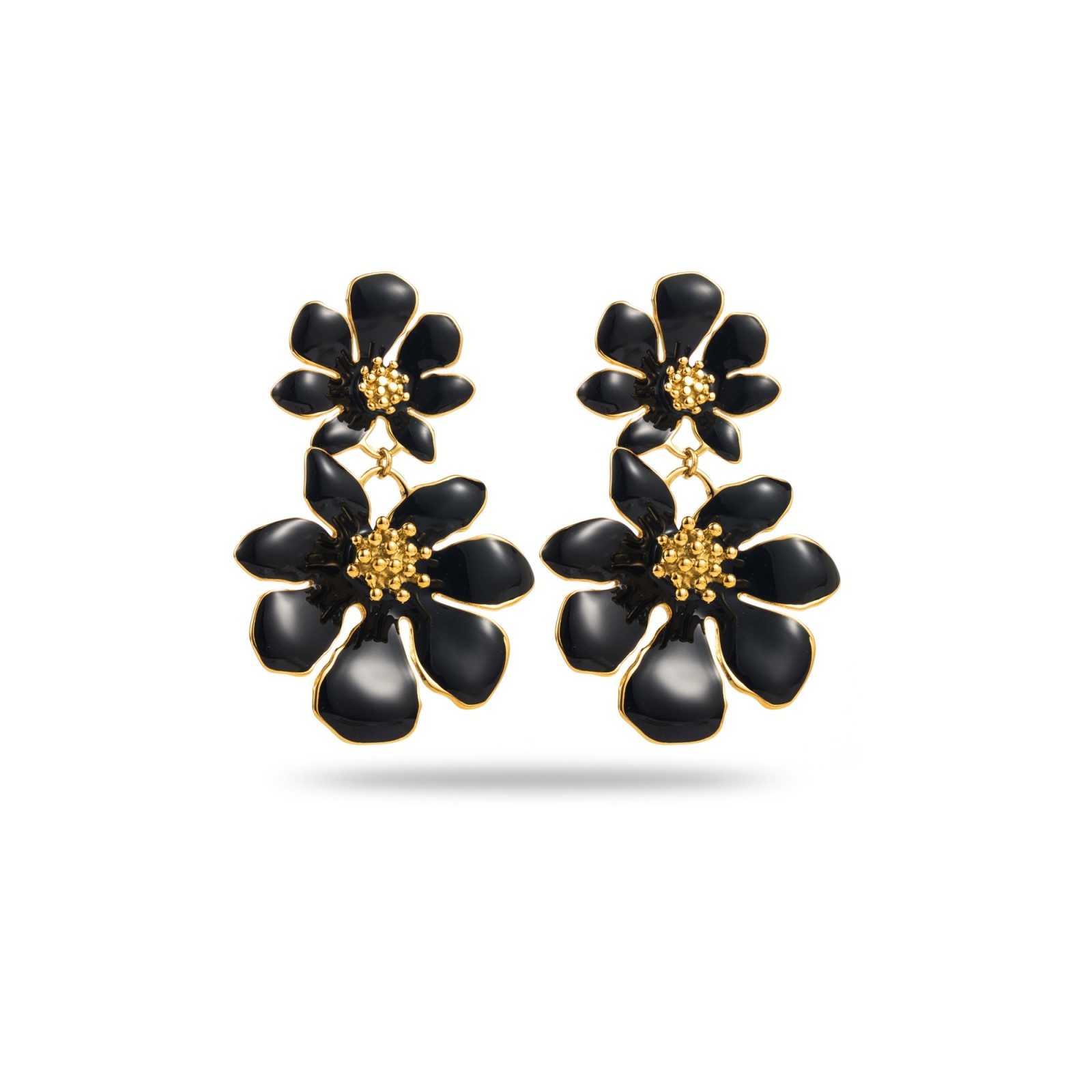Double Flower Earrings with Pollen Heart Color:Black