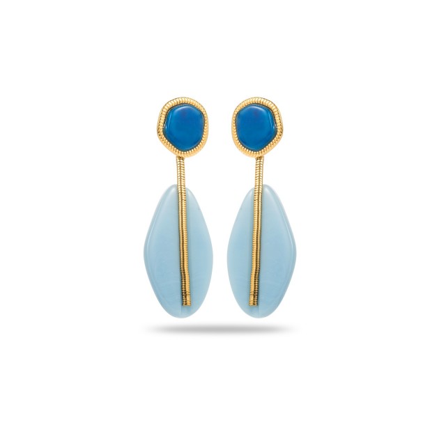 Boucles d'Oreilles Pendantes Ovale Coloré avec Détail Chaine Miroir Couleur:Bleu