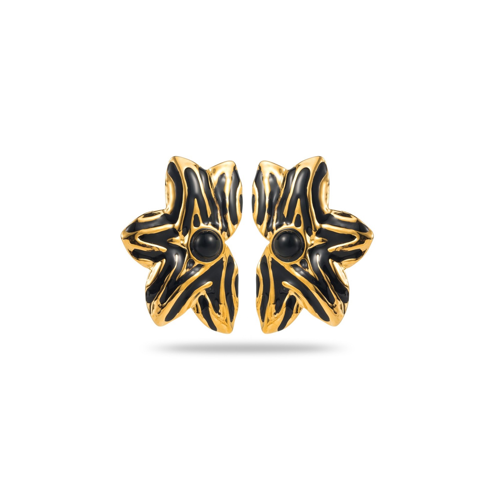 Boucles d'Oreilles Demi Fleur Bicolore avec Coeur de Pierre Pierre :Onyx