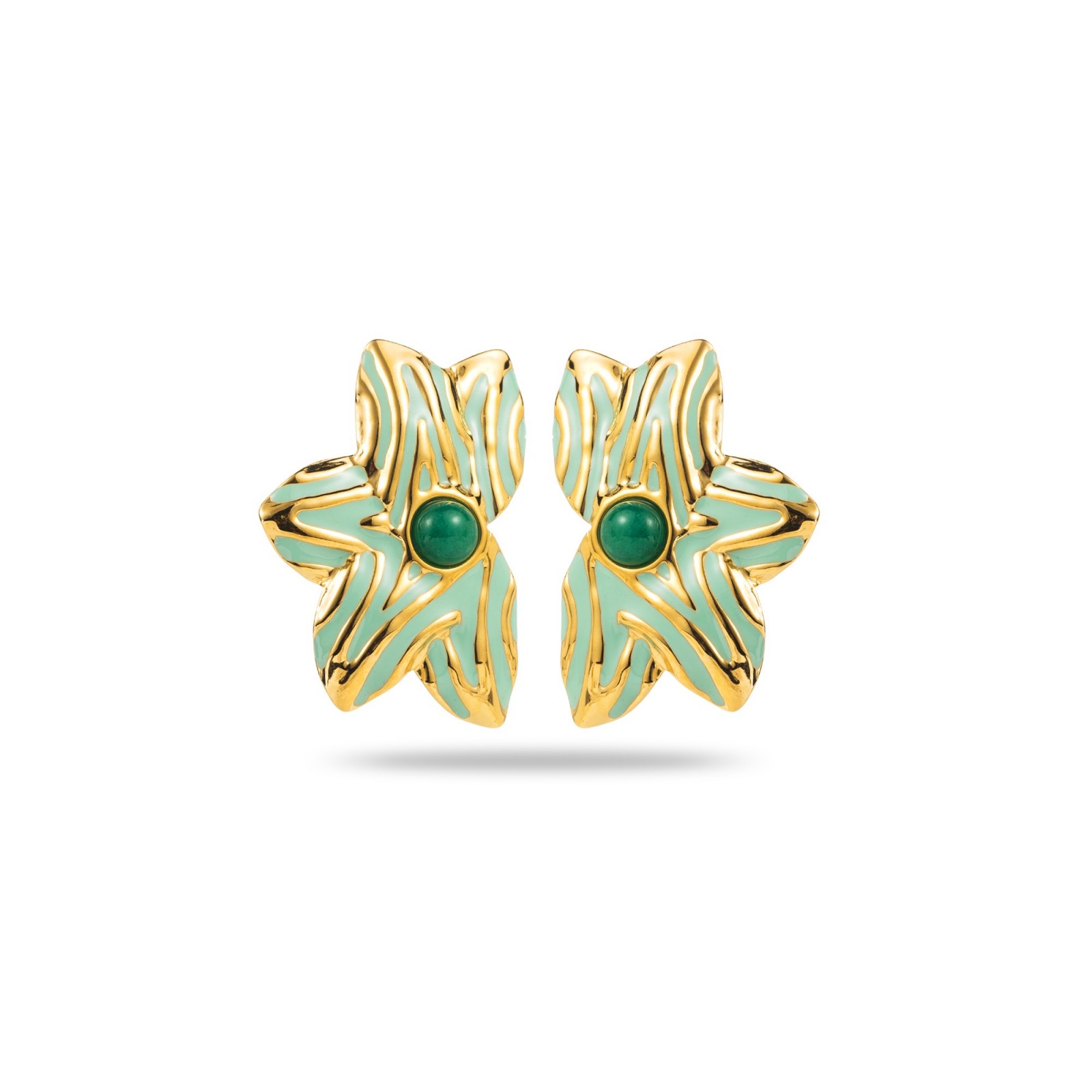 Boucles d'Oreilles Demi Fleur Bicolore avec Coeur de Pierre Pierre :Agate Verte