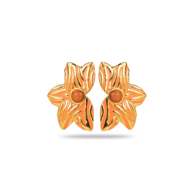 Boucles d'Oreilles Demi Fleur Bicolore avec Coeur de Pierre Pierre :Agate Orange