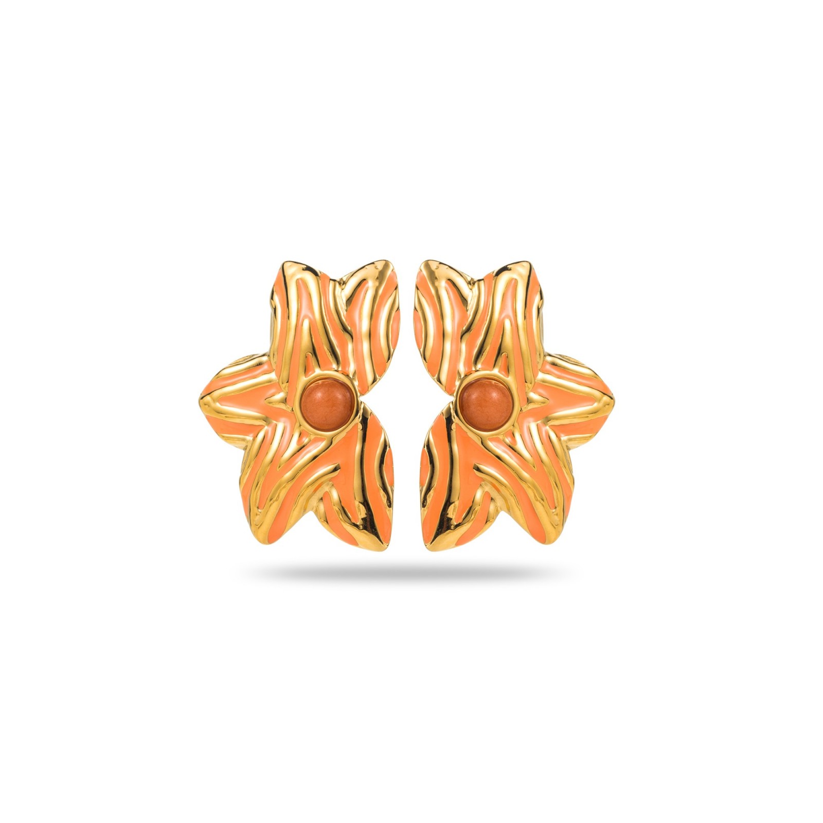 Boucles d'Oreilles Demi Fleur Bicolore avec Coeur de Pierre Pierre :Agate Orange