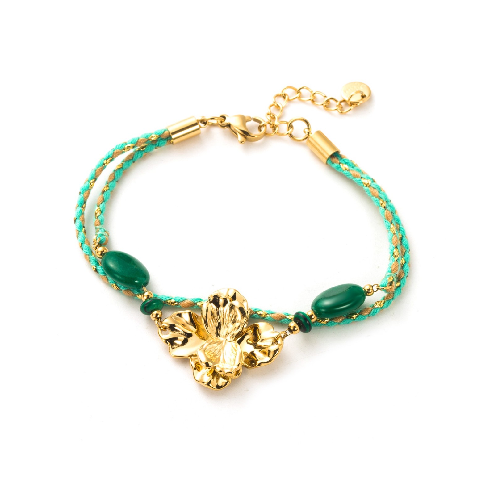 Bracelet Tresses de Tissu Double Rang avec Fleur Elegante  Pierre :Agate Verte