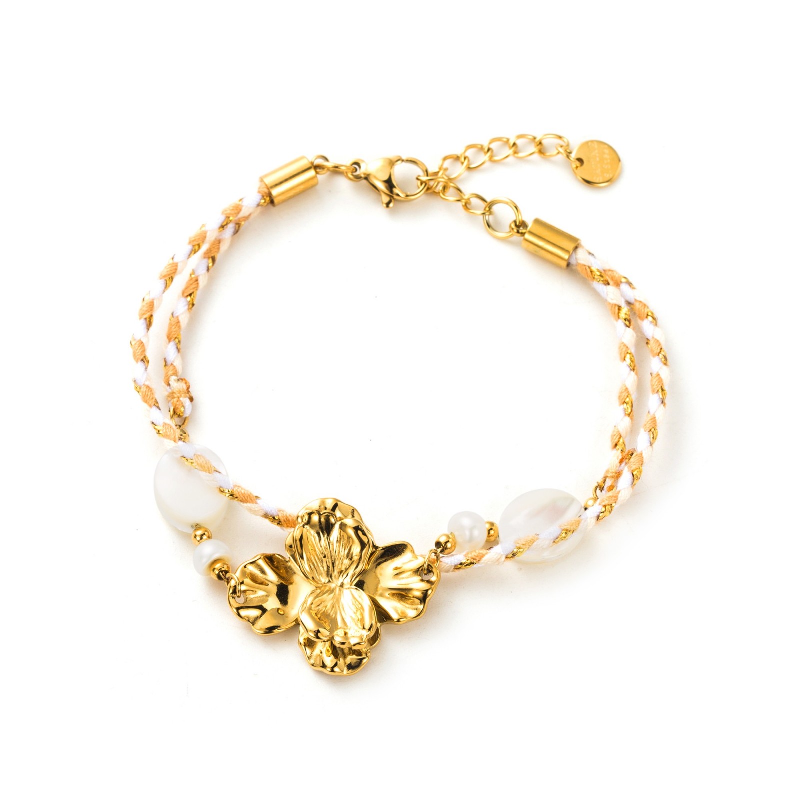 Bracelet Tresses de Tissu Double Rang avec Fleur Elegante  Pierre :Agate Blanche
