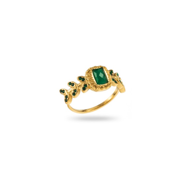 Radiant Cut Stone Ring with Mini Strass Leaves Stone:Green Agate