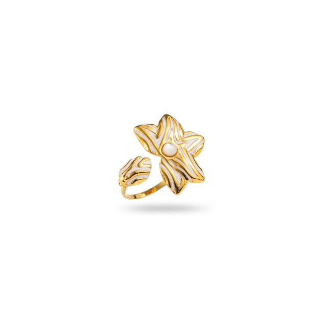 Large Two-tone Flower with Petals Open Ring Color:White