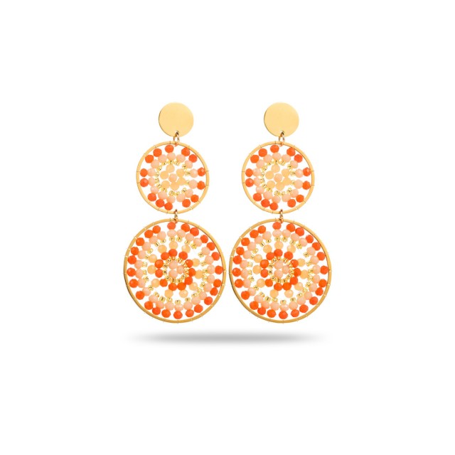 Boucles d'Oreilles Pendantes Triple Anneau avec Perles de Verre Colorées Couleur:Orange
