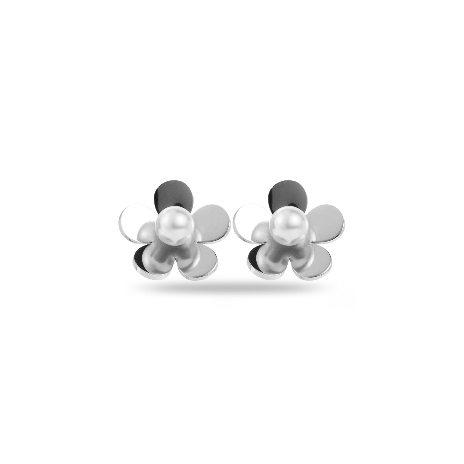 Polished Flower Studs Earrings with White Pearl Heart Color:Silver