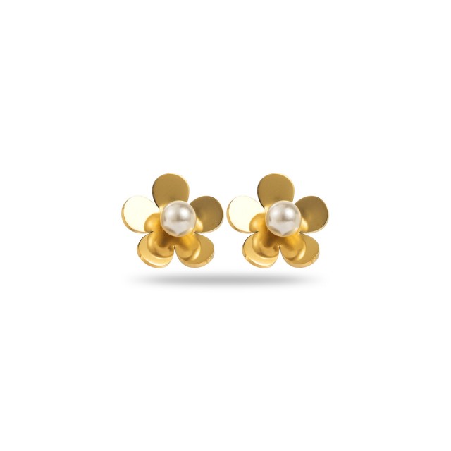 Polished Flower Studs Earrings with White Pearl Heart Color:Gold