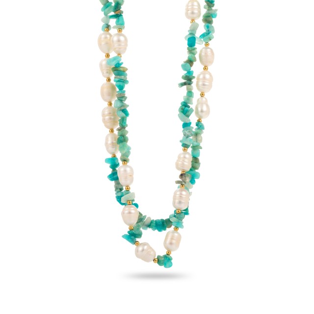 Collier Double Chaine Perles d'Eau Douce et Pierre Naturelle Pierre :Amazonite