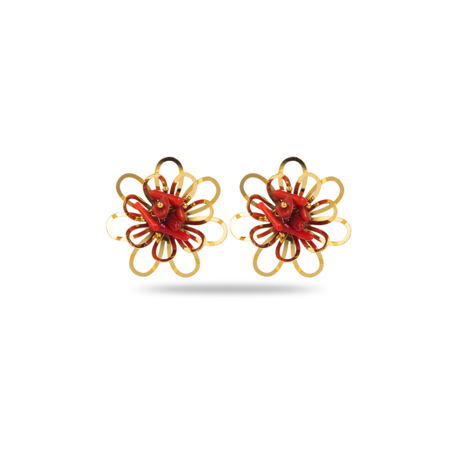 Boucles d'Oreilles Fleurs avec Découpe Laser et Coeur de Pierres Couleur:Rouge