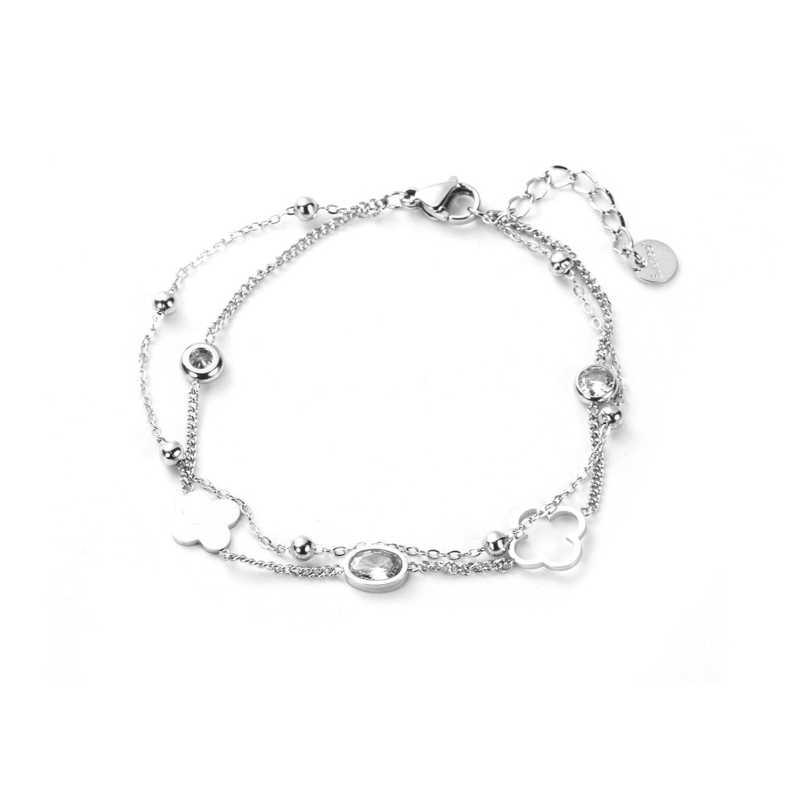Clover and Steel Beads Double Chain Bracelet