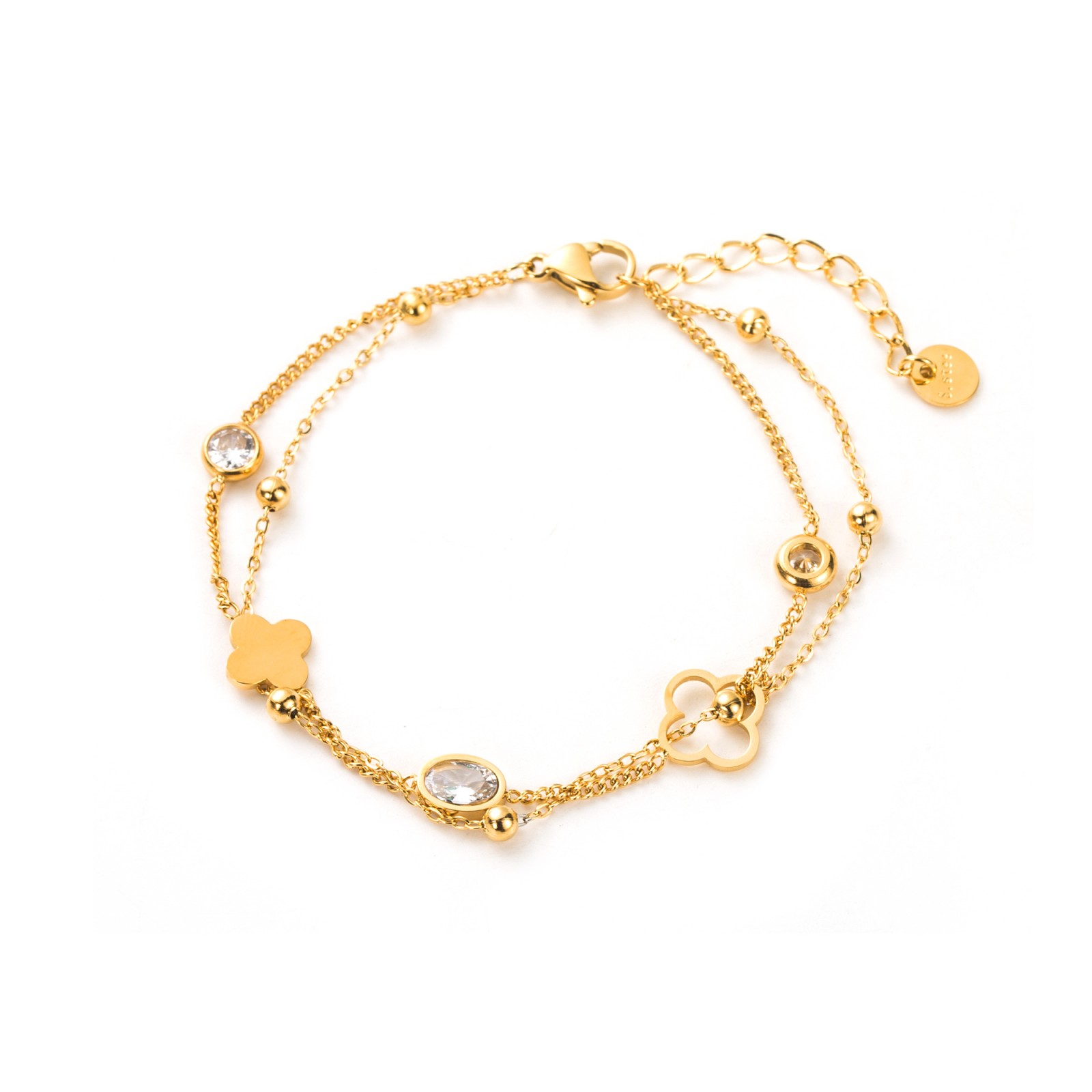 Bracelet Double Chaine Trèfle et Perles d'Acier