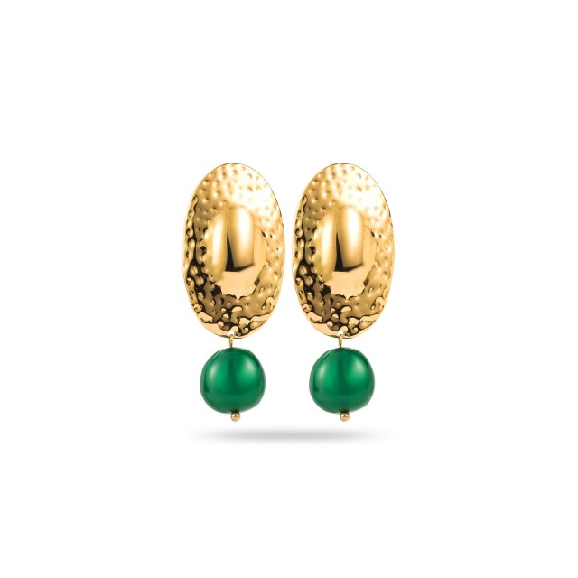 Boucles d'Oreilles Ovale Martelé avec Perle Colorée Couleur:Vert
