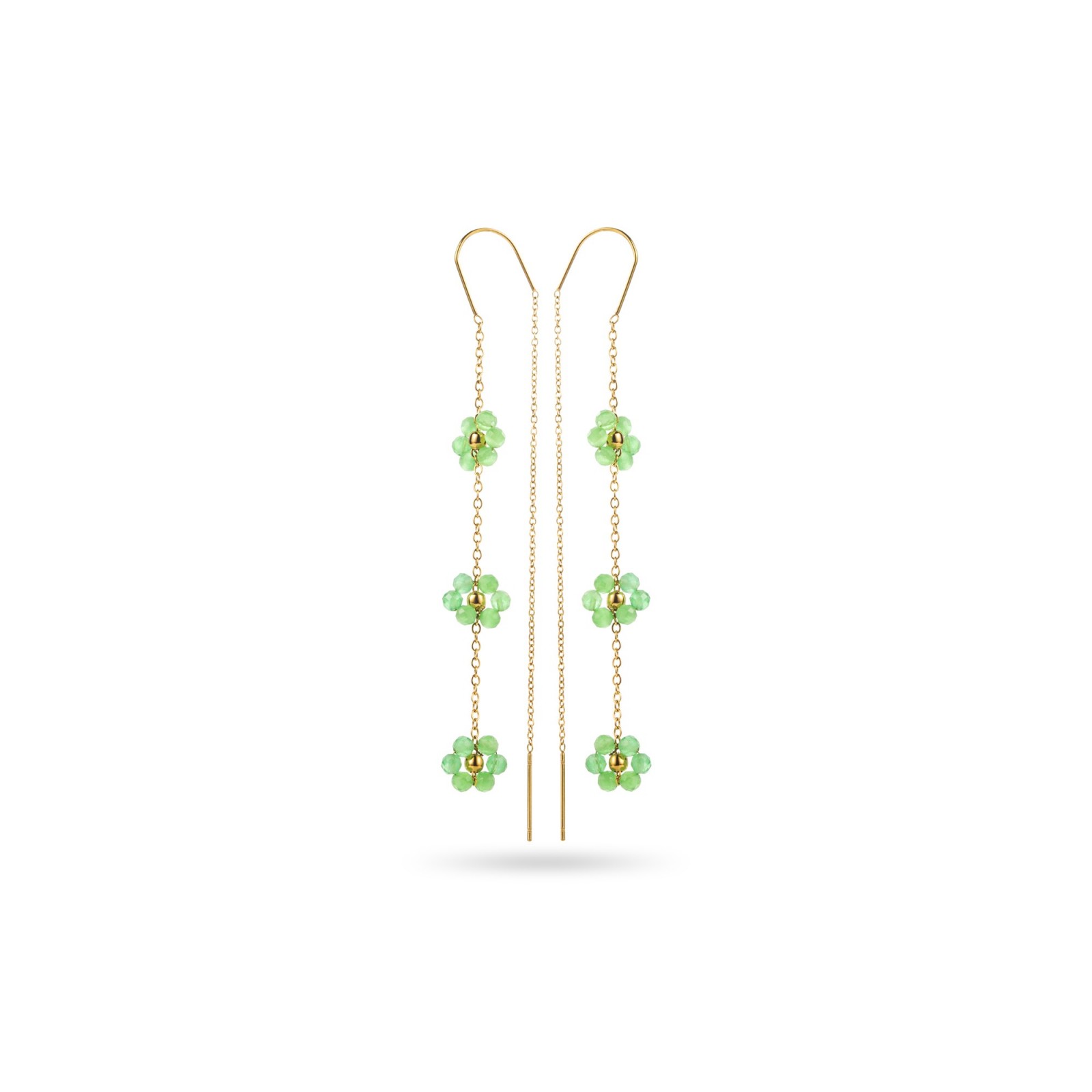 Boucles d'Oreilles Double Pendant Perles en Fleur Couleur:Vert