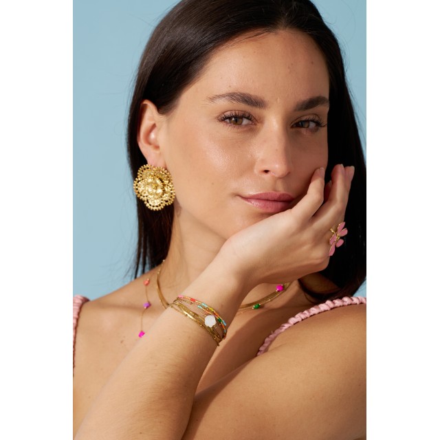Bracelet Multi-Rang Pendentif Rose Nacré avec Tissu et Perles Heishi