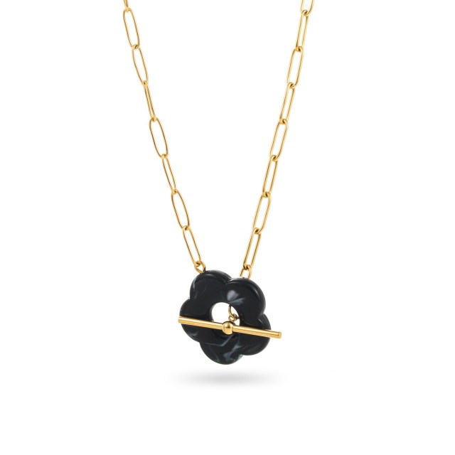 Chain Necklace with Marbled Flower Cabillot Clasp Color:Black