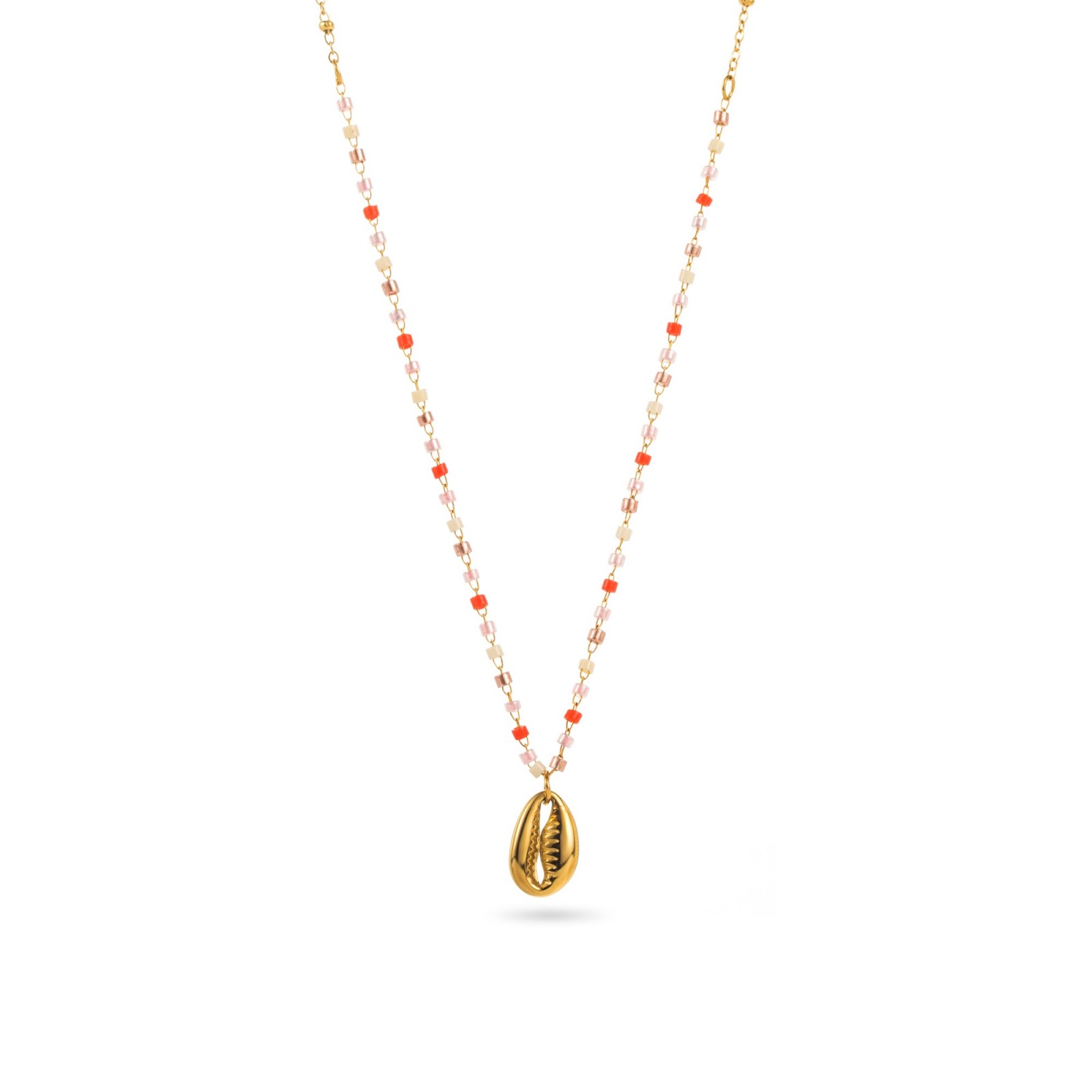 Collier de Perles Heishi Colorées avec Pendentif Caurie Couleur:Rouge