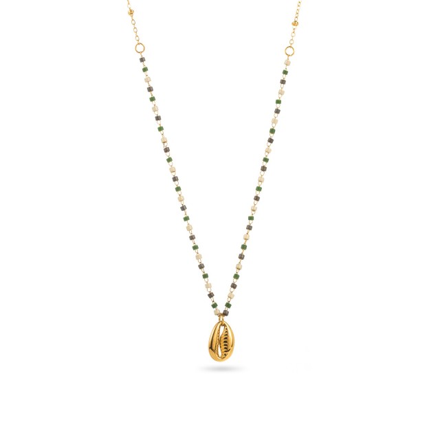 Collier de Perles Heishi Colorées avec Pendentif Caurie Couleur:Noir