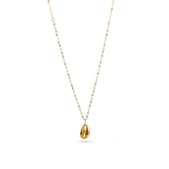 Collier de Perles Heishi Colorées avec Pendentif Caurie Couleur:Bleu Ciel