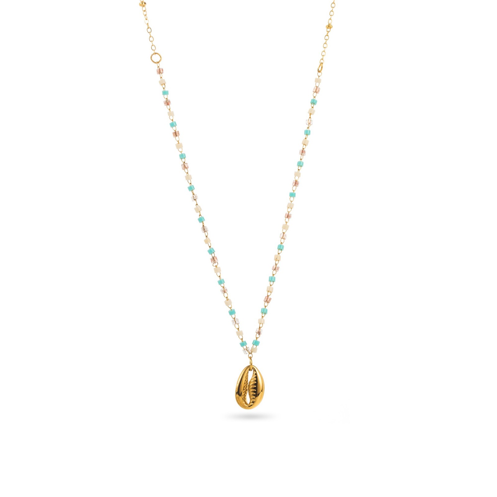 Collier de Perles Heishi Colorées avec Pendentif Caurie Couleur:Bleu Ciel
