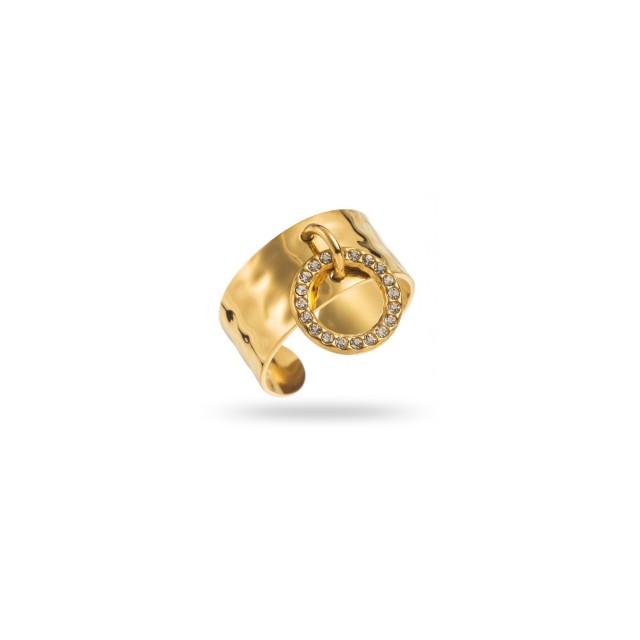 Hammered Charm Ring with Rhinestone Circle Pendant Color:Gold