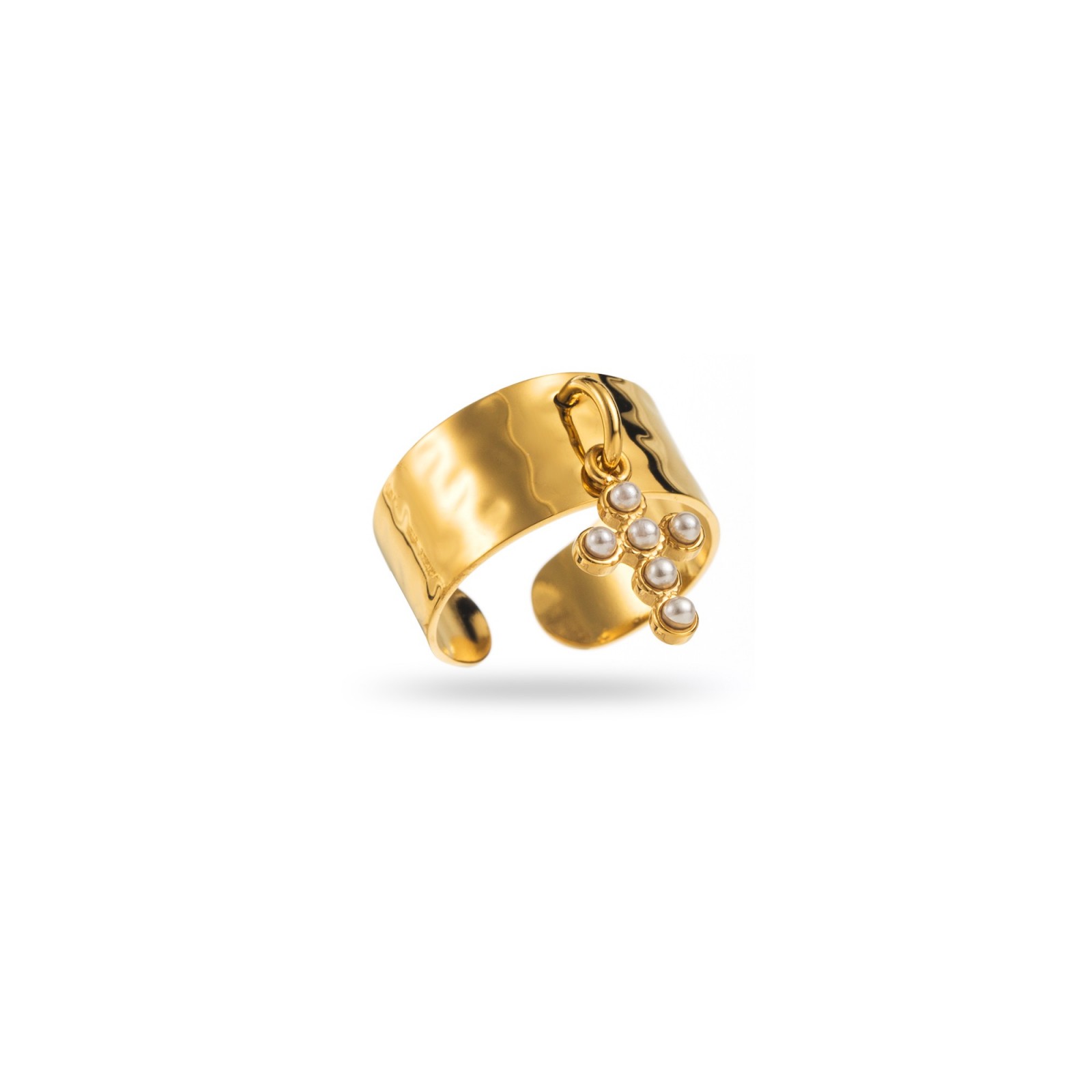 Hammered Charm Ring with White Pearl Cross Pendant Color:Gold