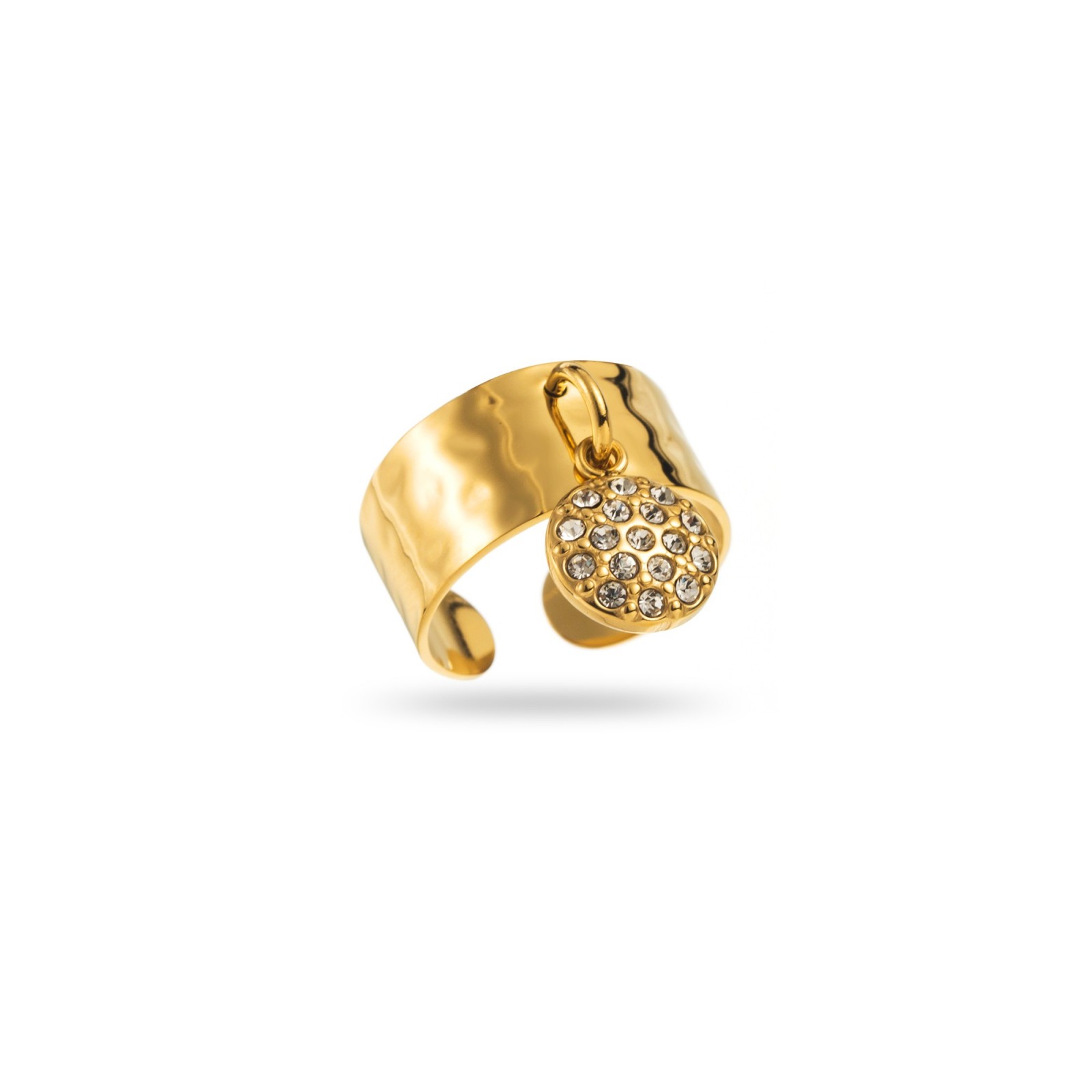 Hammered Charm Ring with Round Rhinestone Pendant Color:Gold