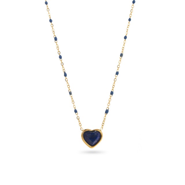 Collier Pendentif Coeur de Pierre Naturelle avec Perles Pierre :Lapis Lazuli