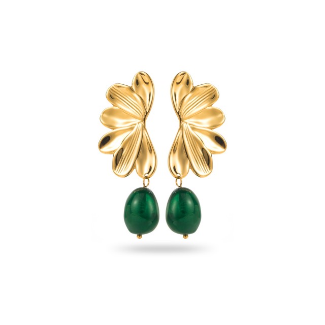 Boucles d'Oreilles Demi Fleur avec Perle Colorée Couleur:Vert