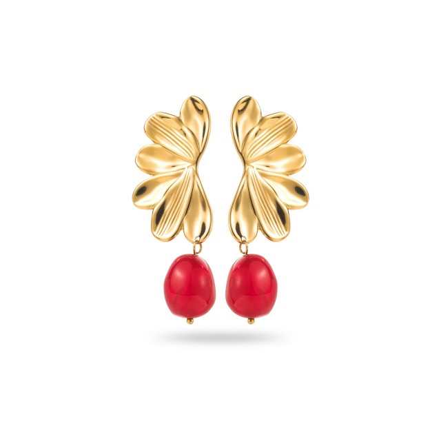 Boucles d'Oreilles Demi Fleur avec Perle Colorée Couleur:Rouge
