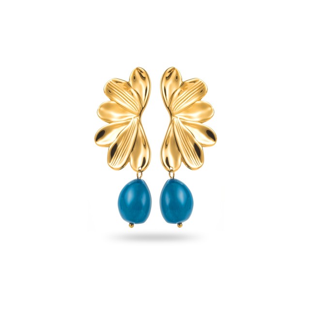 Boucles d'Oreilles Demi Fleur avec Perle Colorée Couleur:Bleu