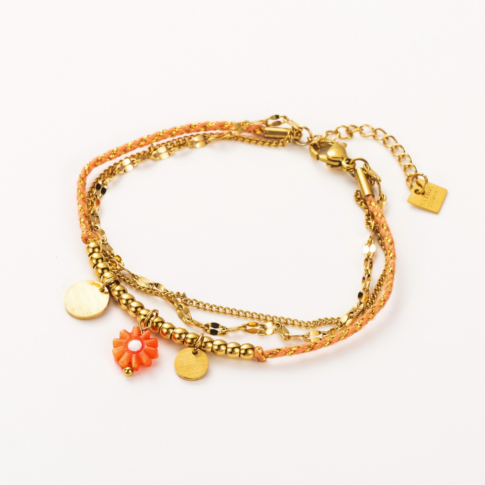 Bracelet Multi-Rang Tissu Tressé avec Pendentif Marguerite Nacrée et Pampilles Brossées Couleur:Orange