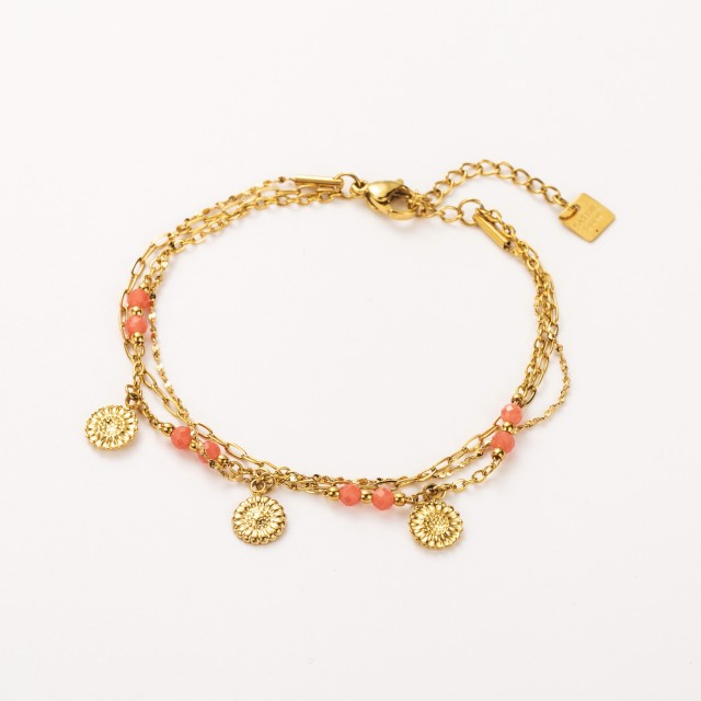 Bracelet Multi-Rang Trio de Marguerites et Mini Perles de Verre Couleur:Rose
