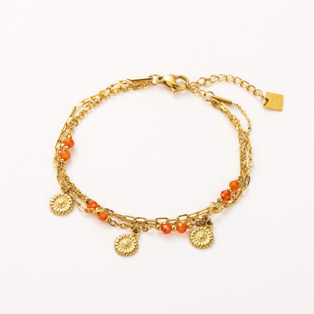 Bracelet Multi-Rang Trio de Marguerites et Mini Perles de Verre Couleur:Orange