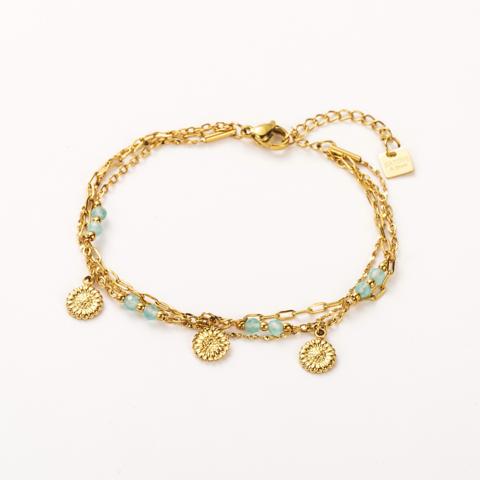 Bracelet Multi-Rang Trio de Marguerites et Mini Perles de Verre Couleur:Bleu