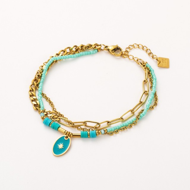 Bracelet Multi-Rang Perles Heishi et Pendentif Médaillon Coloré Couleur:Bleu