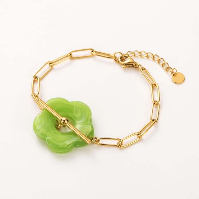Bracelet Maille avec Pendentif Fleur en Cabillot Couleur:Vert Pomme