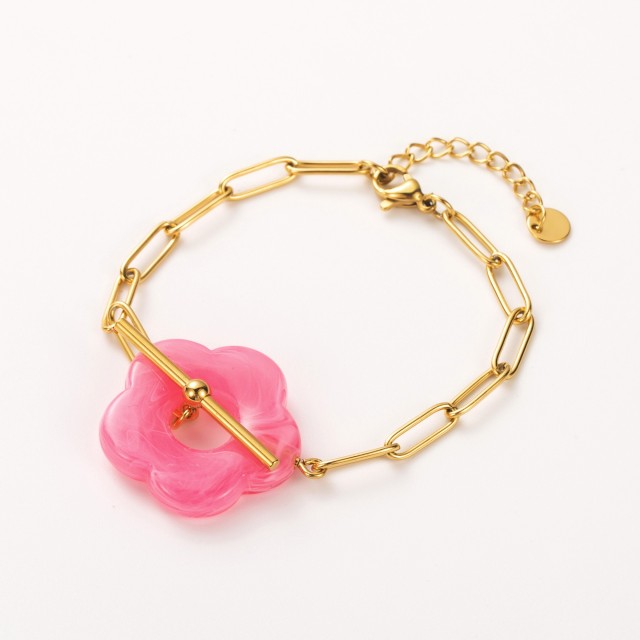 Bracelet Maille avec Pendentif Fleur en Cabillot Couleur:Rose