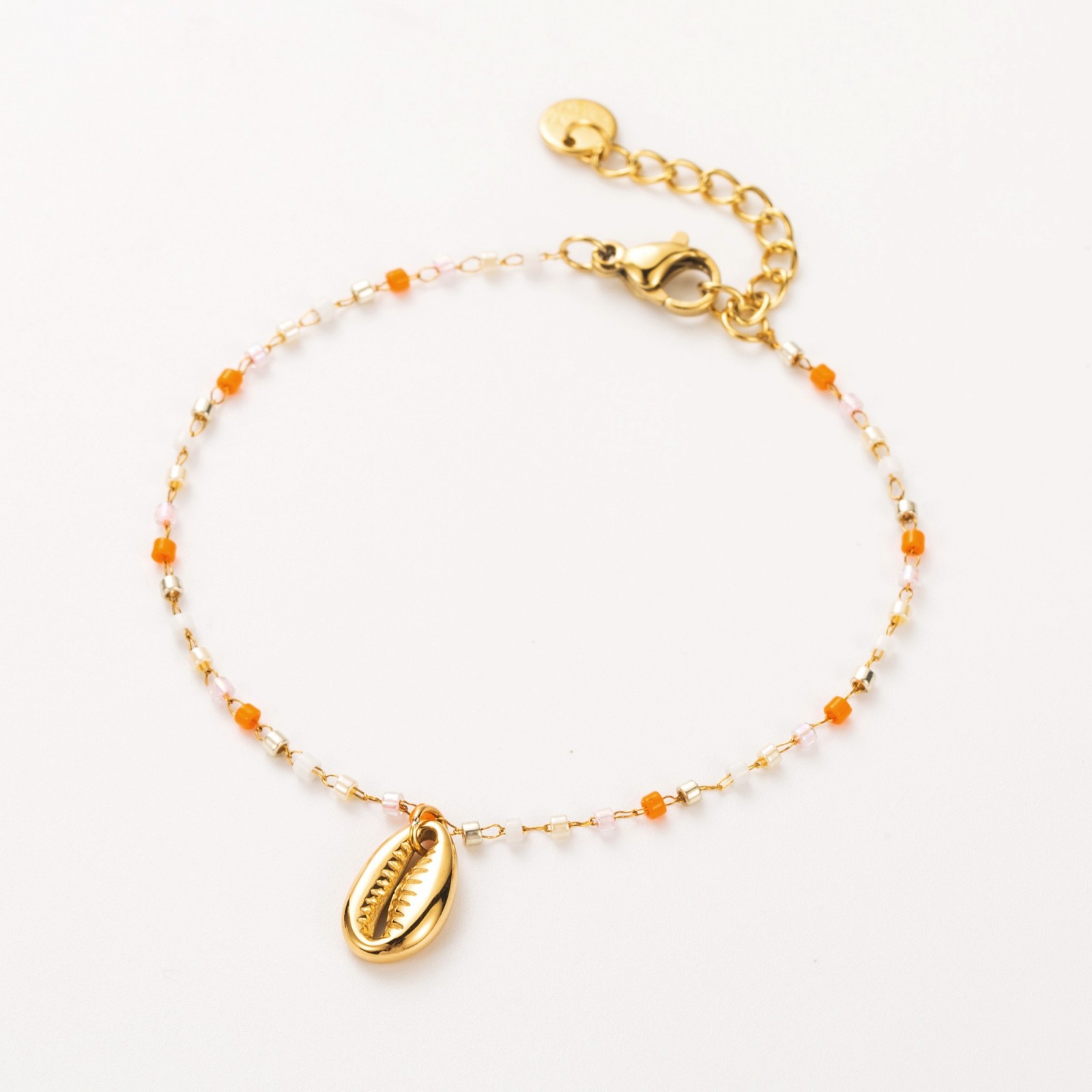Bracelet Perles Heishi et Pendentif Caurie Couleur:Orange