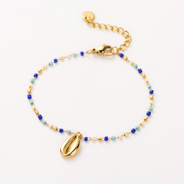 Bracelet Perles Heishi et Pendentif Caurie Couleur:Bleu Royal
