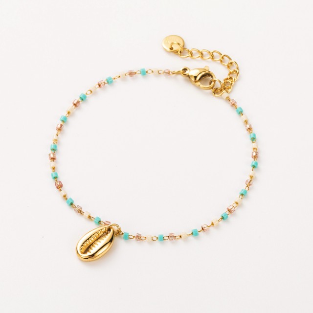 Bracelet Perles Heishi et Pendentif Caurie Couleur:Bleu Ciel