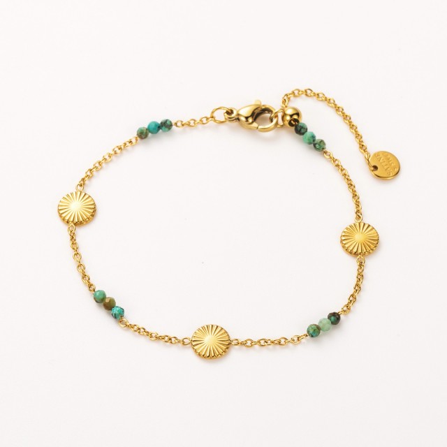 Bracelet Trio de Médaillon Soleil et Mini Perles de Pierre Pierre :Turquoise Africaine