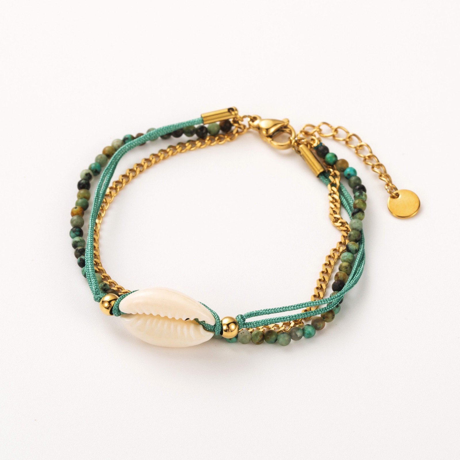 Bracelet Multi-Rang Tissu et Perles avec Pendentif Coquillage 