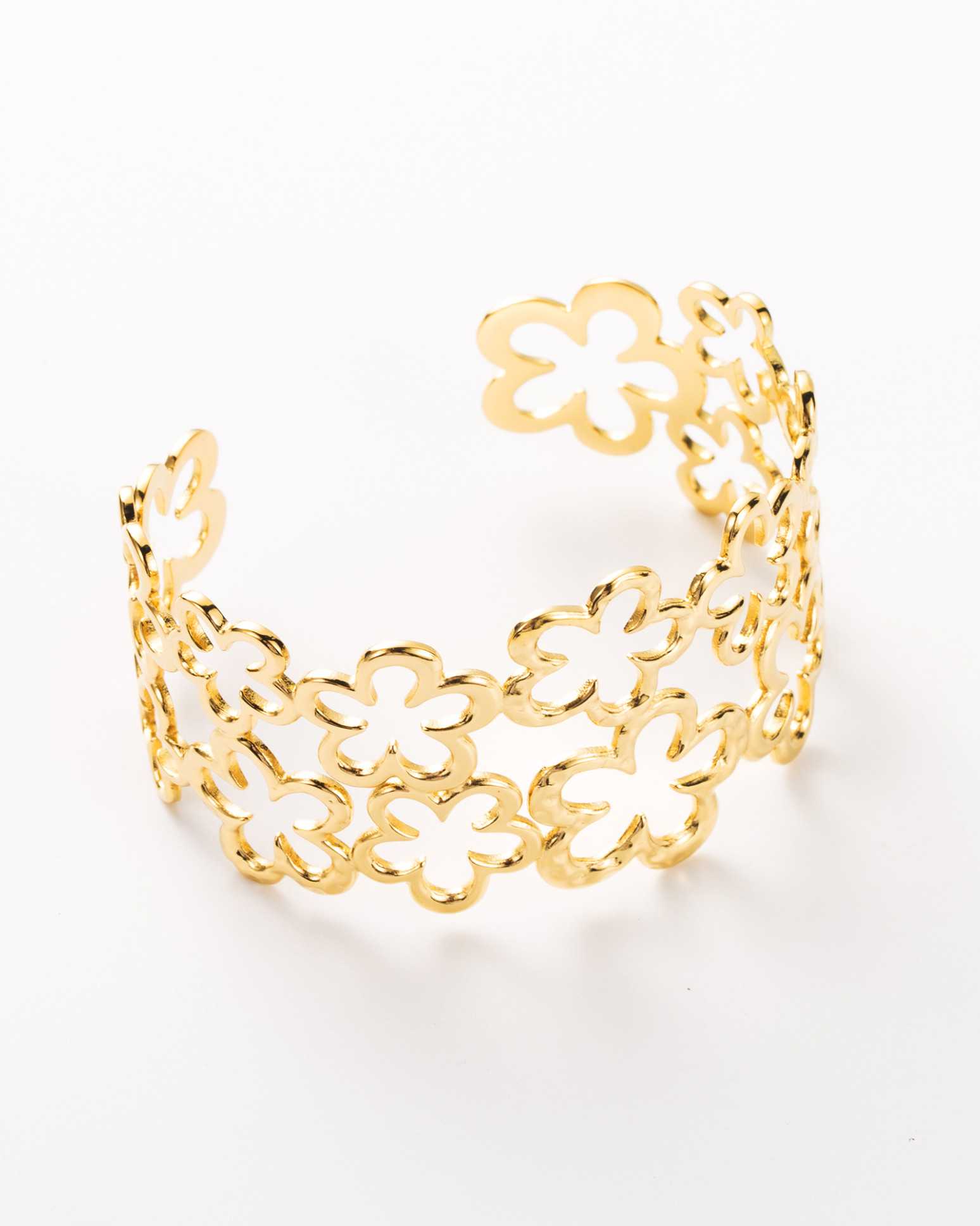 Bracelet Jonc Bronze Décor Fleurs Mauve Et Grenat Avec Strass - Très Bon état