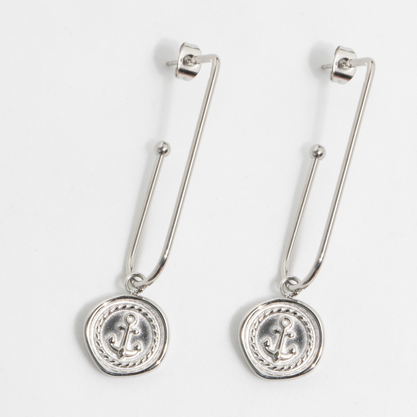 Boucles d'Oreilles Créoles Rectangle avec Médaille Ancre de Chaine Couleur:Argent